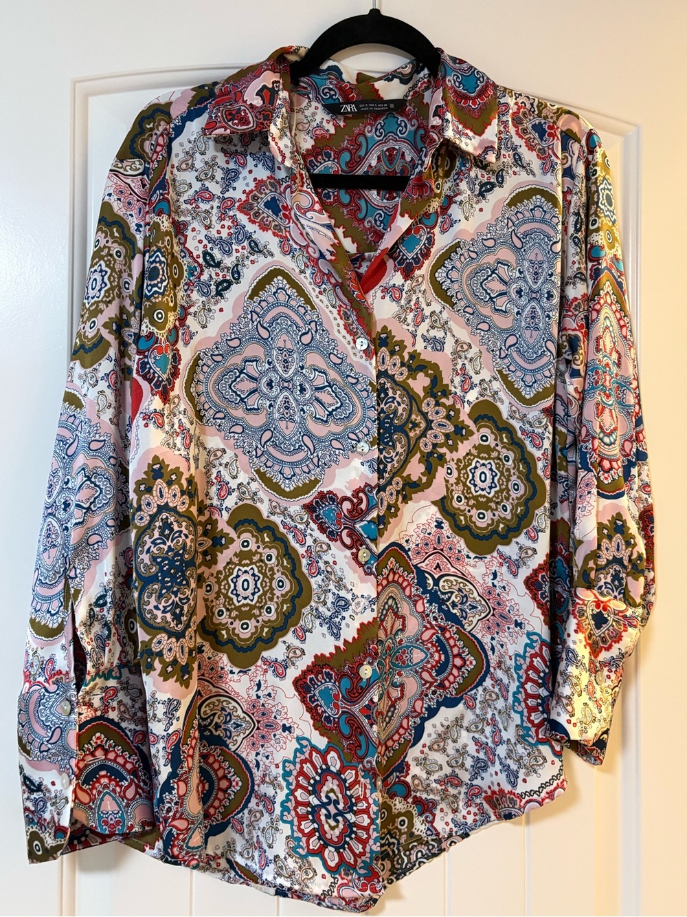 Zara Multicolor Paisley Button-Down silk Shirt — White, Olive, Pink & Blue